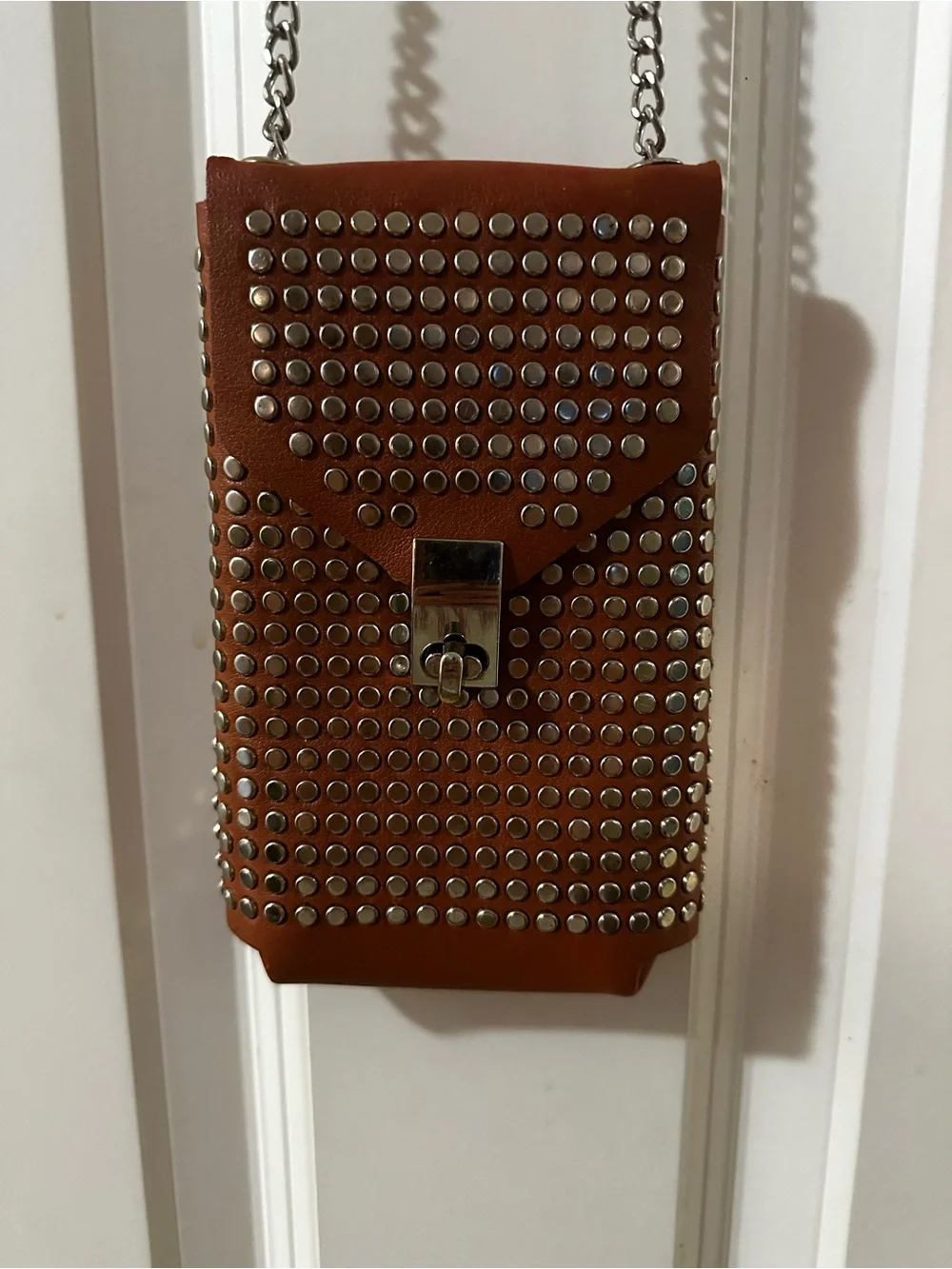 Studded Brown Crossbody Phone Bag with Chain Strap